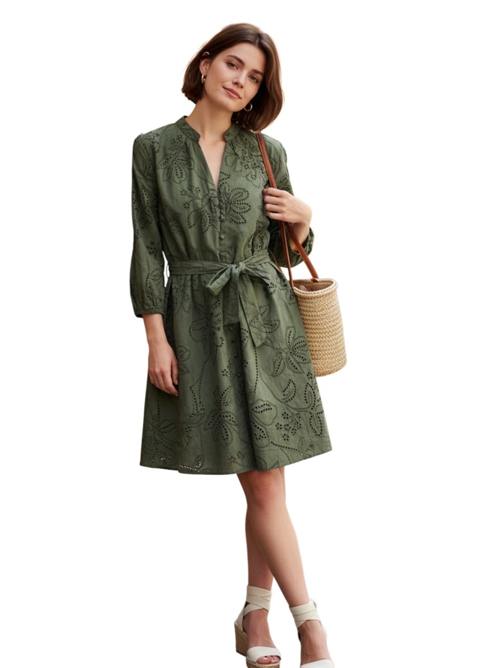 Zara Olive Green Eyelet Embroidered Mini Dress Tie Waist Cotton 3/4 Sleeve Sz L